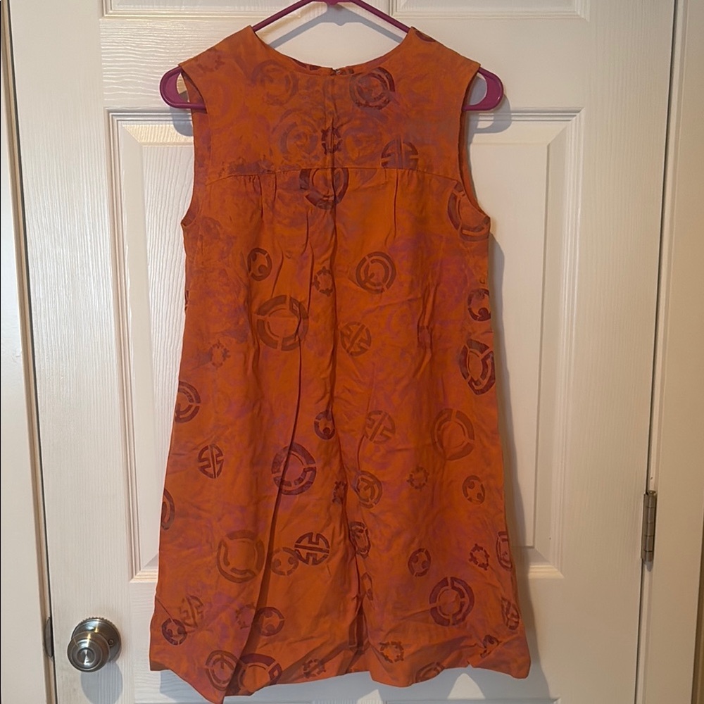 Retro Orange Sleeveless Dress with Handstamped Pattern